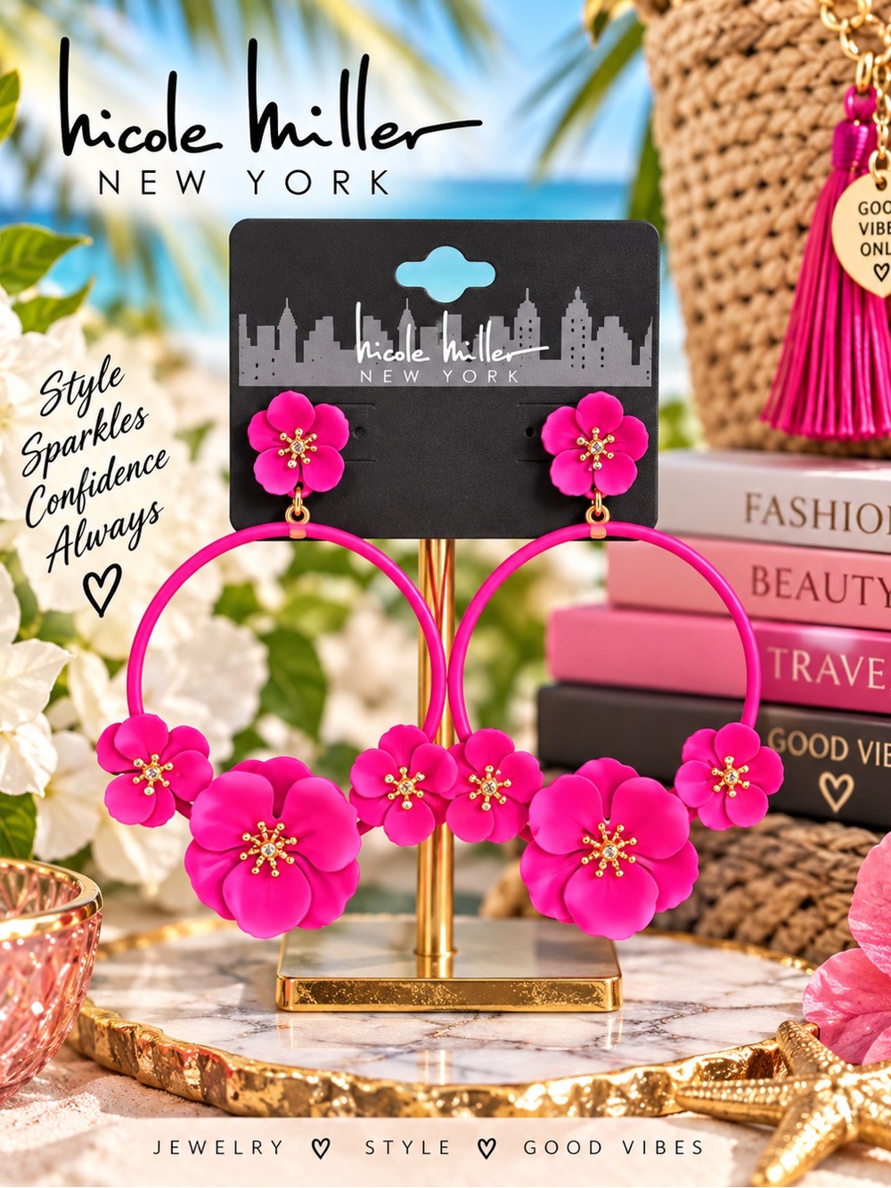 Nicole Miller New York Hot Pink Floral Hoop Statement Earrings